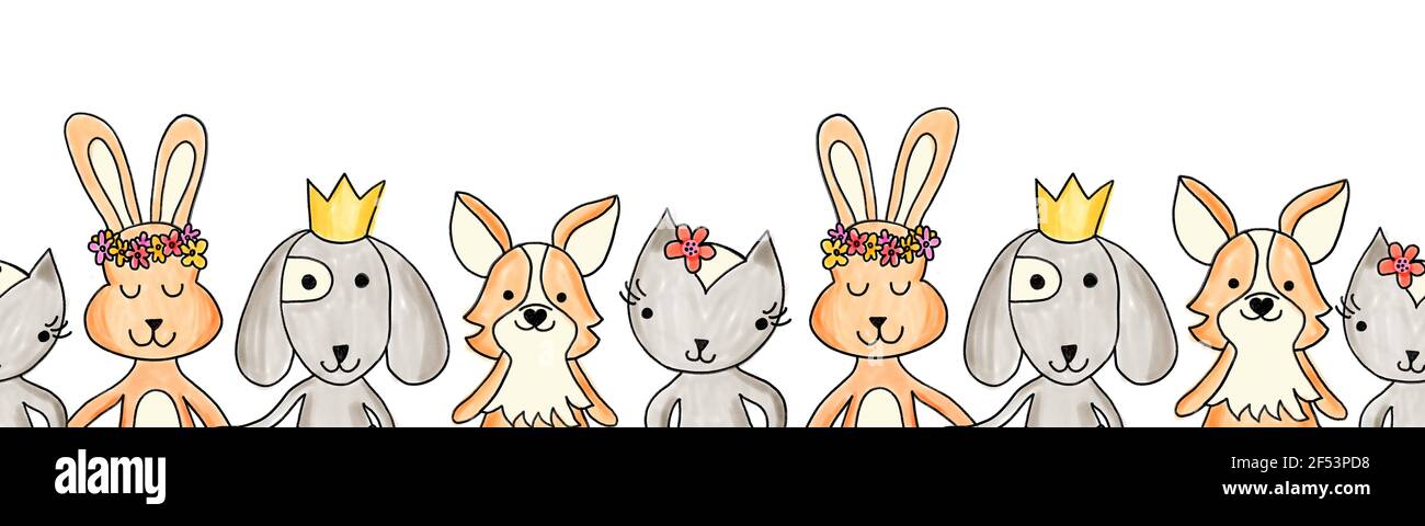 Animali cute bordo senza giunture su uno sfondo bianco. Ripetizione orizzontale capretti modello verniciato cane, gatto, coniglio, coniglio. Cartoon simpatico illustrazione per Foto Stock