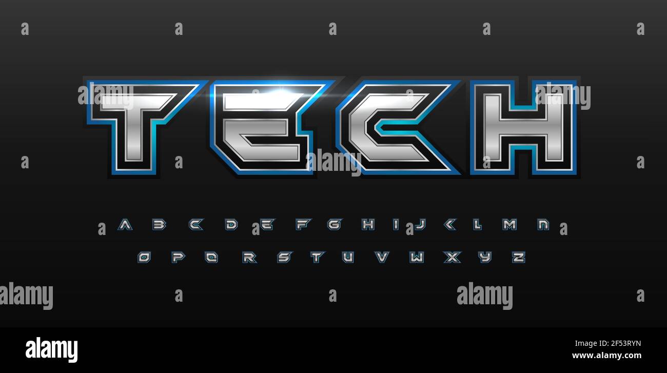 Alfabeto futuristico del gioco. Font Techno argento con bagliore. Tipo Cyber sport per logo futuristico moderno, titolo, monogramma, videoludica e Illustrazione Vettoriale