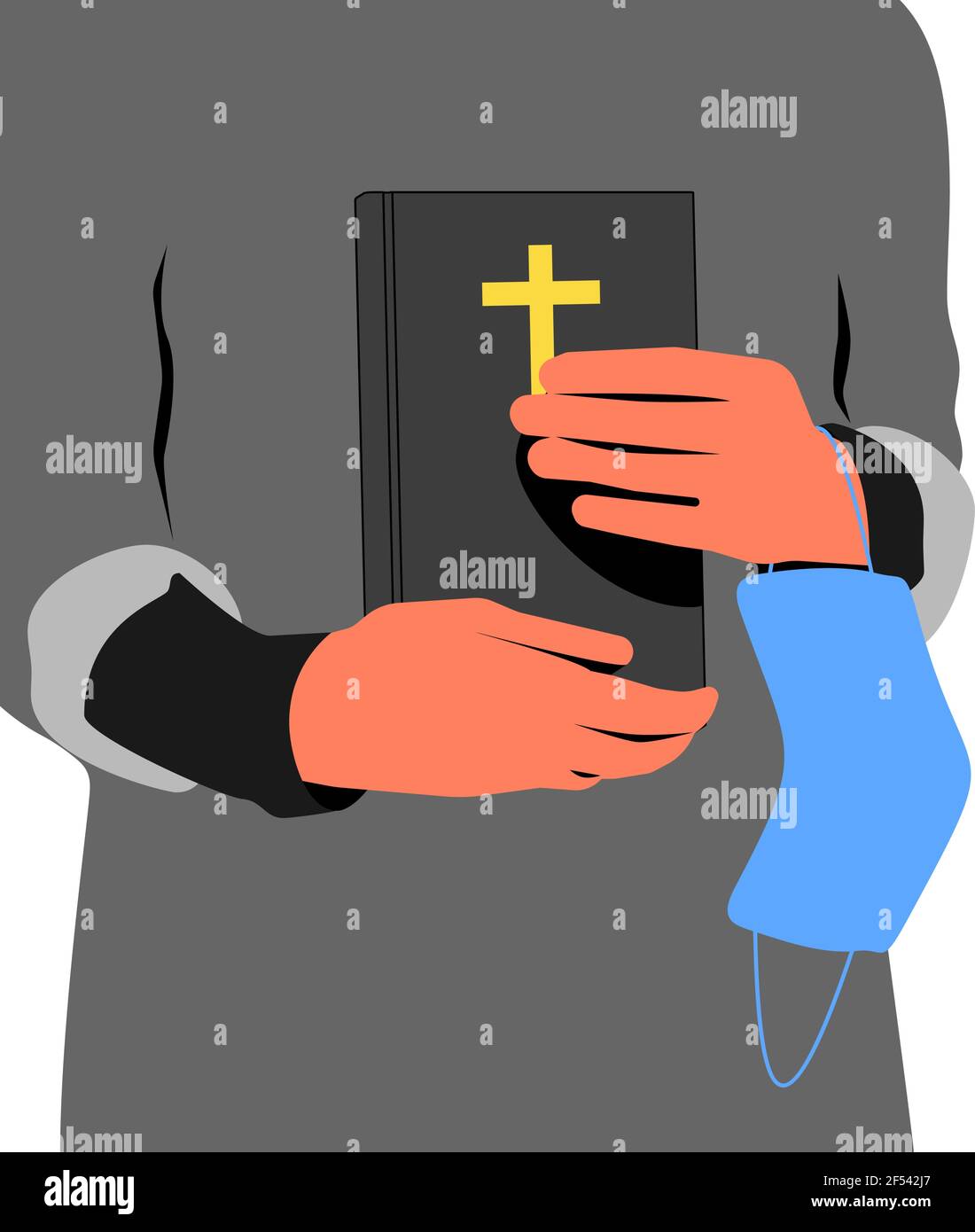 La persona in abiti grigi sta tenendo un libro santo della bibbia e maschera monouso blu Illustrazione Vettoriale