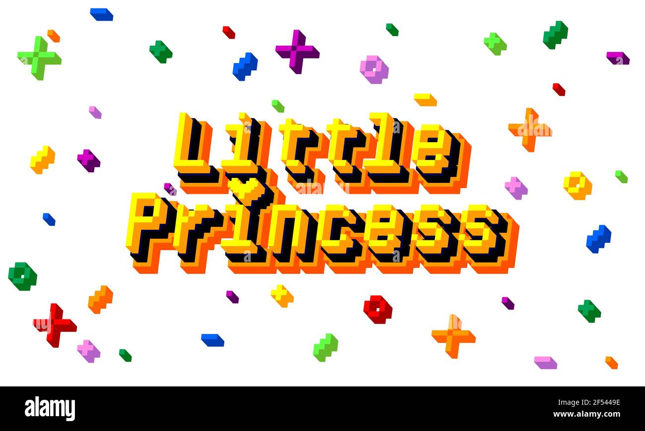 Calligrafia di arte di pixel della principessa piccola. Stampa retro stile videogioco per bambini o bambini t-shirt design, decorazione della stanza. Illustratore stock vettoriale Illustrazione Vettoriale