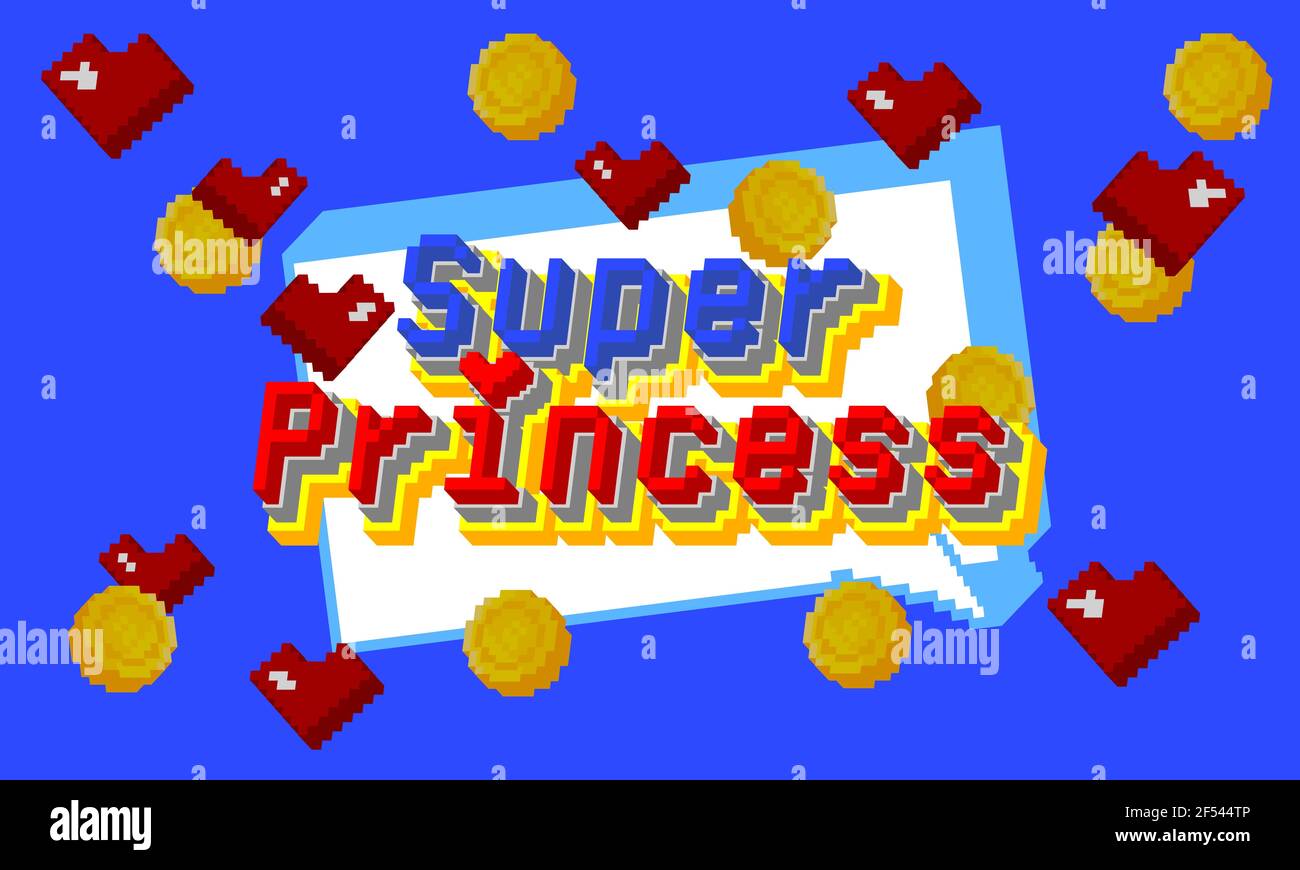 Scritta Super Princess pixel art calligrafia. Stampa retro stile videogioco per bambini o bambini t-shirt design, decorazione della stanza. Illustrazione di stock vettoriale Illustrazione Vettoriale