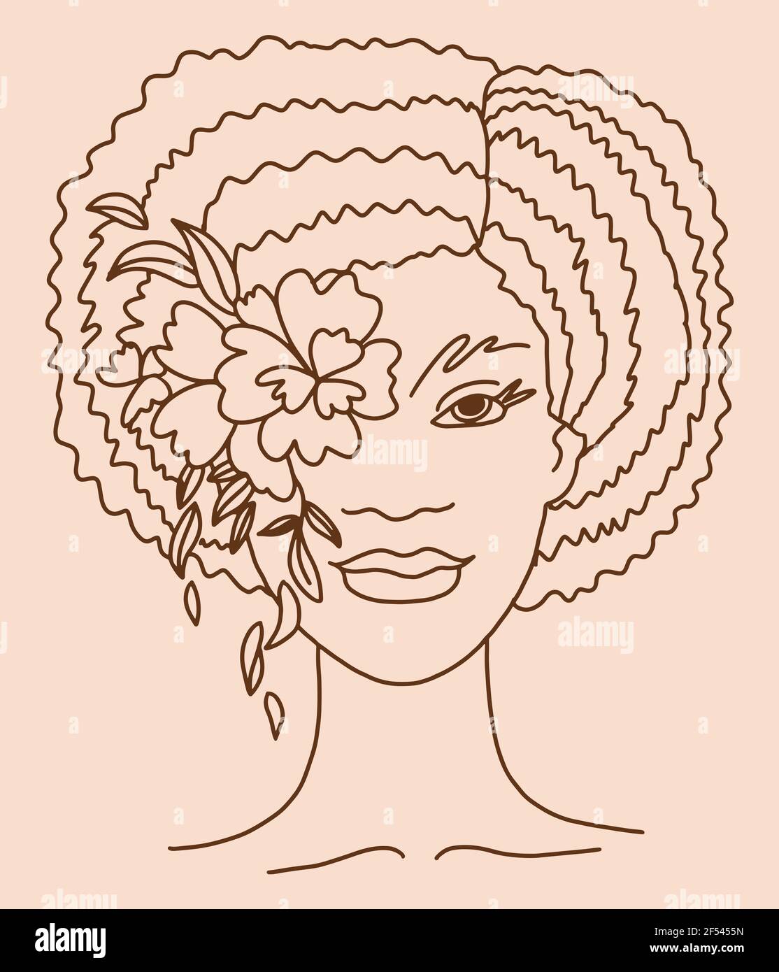 Modern Beauty donna viso stilizzato con fiori. Illustrazione vettoriale monocromatica Line art Illustrazione Vettoriale