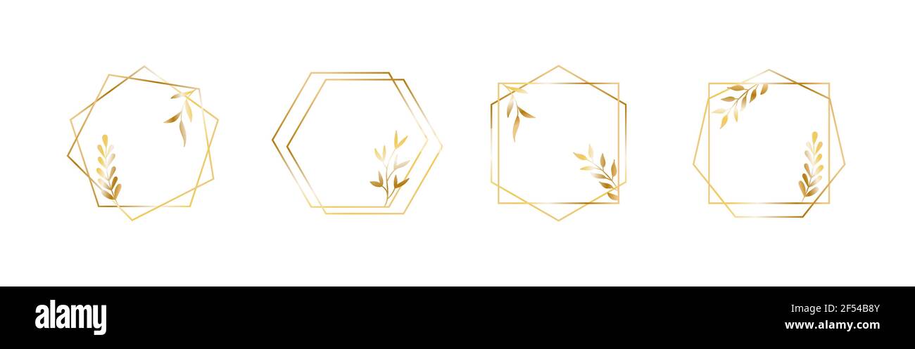 Fotogrammi vettoriali geometrici dorati con foglie. Bordi in haxagon sottili per un design di lusso Illustrazione Vettoriale