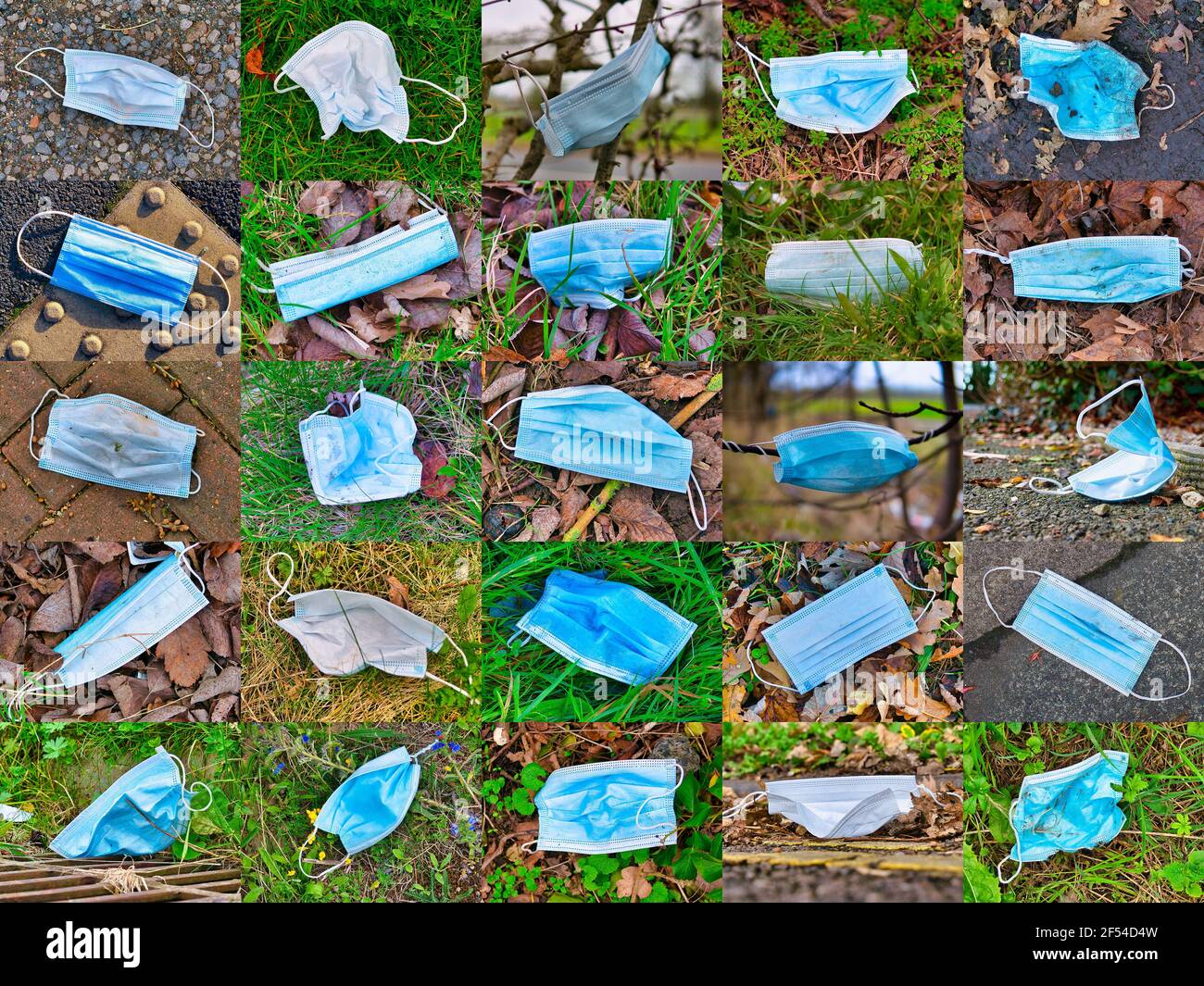 Un'autentica collezione di 25 mascherine monouso scartate come rifiuti in ambienti urbani e rurali, causando rischi per la salute e l'inquinamento ambientale Foto Stock