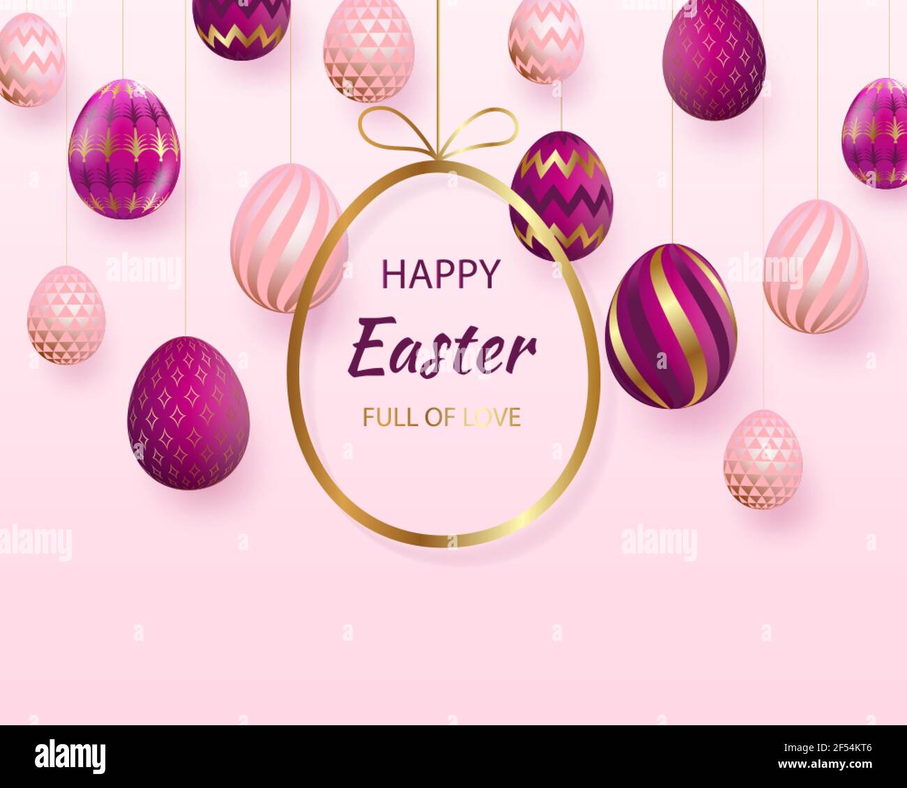 Felice Pasqua scritta con oro rosa realistico guardare le uova. Vettore. Ripetizioni geometriche. Biglietto d'auguri della domenica di resurrezione, cartolina, invito Illustrazione Vettoriale