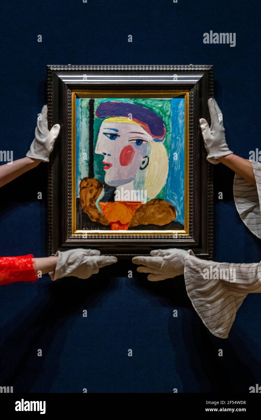 Londra, Regno Unito. 24 Marzo 2021. Femme au Béret Mauve, 1937 di Pablo Picasso. Stima: 10,000,000-15,000,000 dollari - il ritratto, inosservato per quasi 40 anni, è stato mostrato in città di tutto il mondo prima di essere offerto per la vendita a Bonhams impressionista e vendita di arte moderna a New York giovedì 13 maggio. Credit: Guy Bell/Alamy Live News Foto Stock