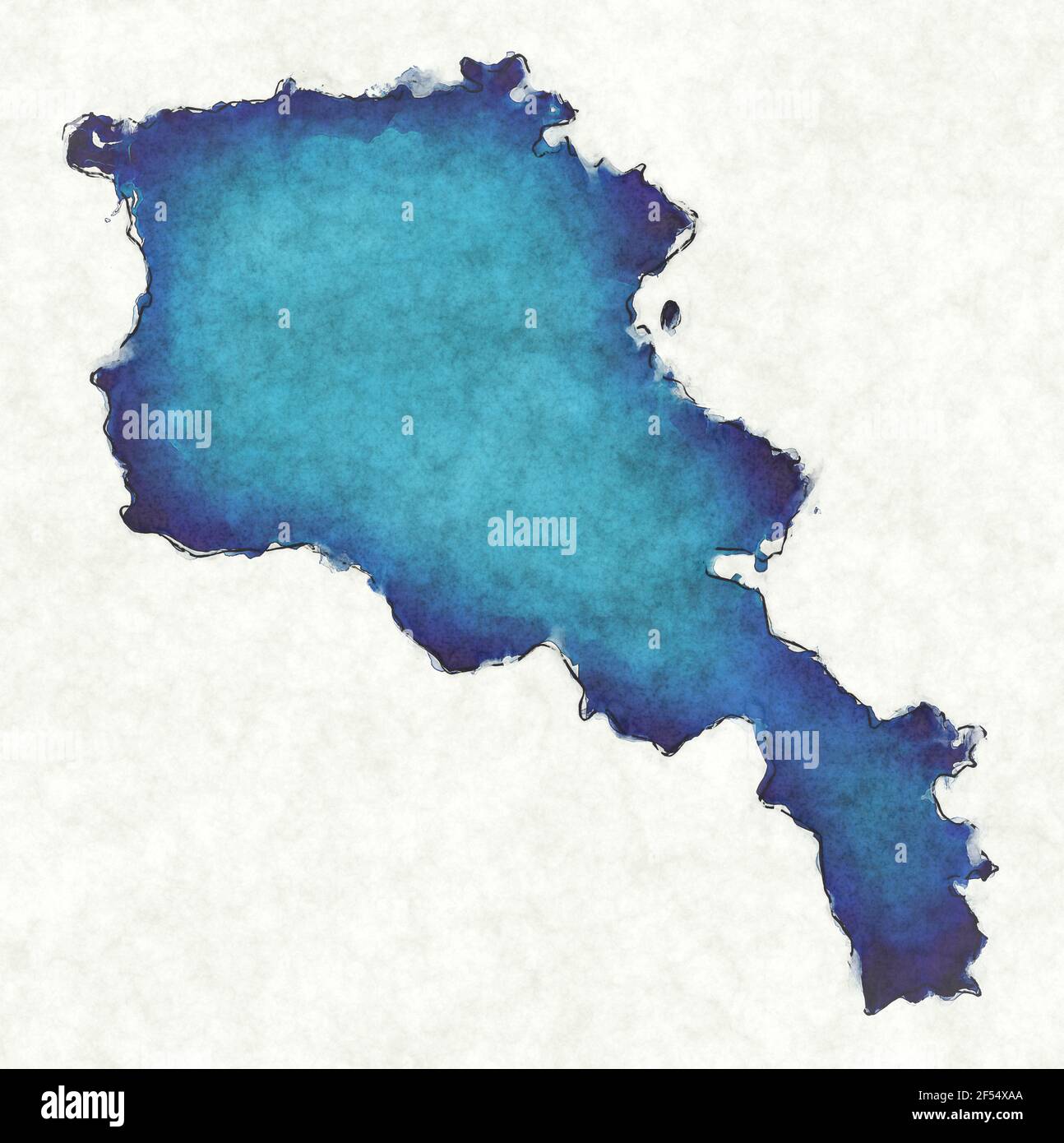Mappa Armenia con linee tracciate e illustrazione blu acquerello Foto Stock