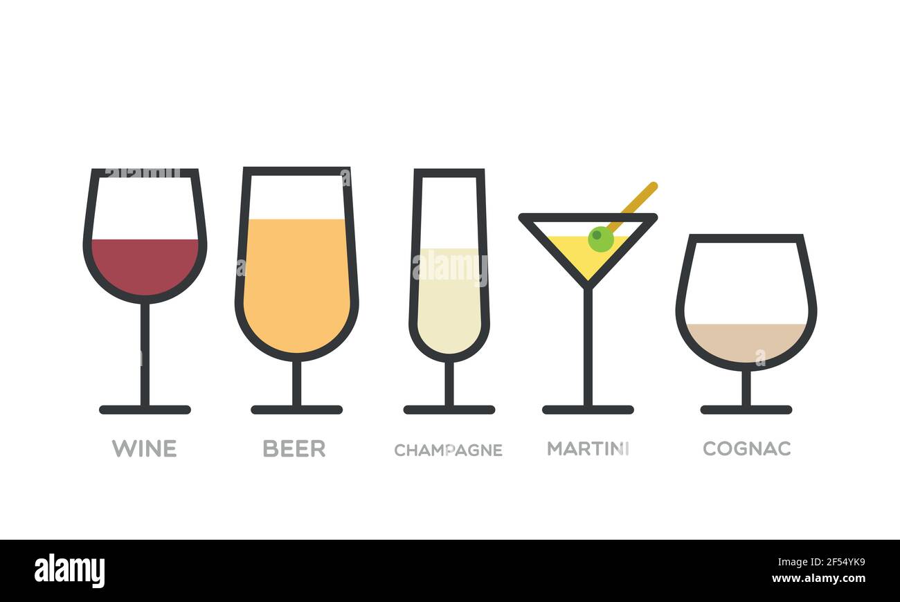 Set: Bevande alcoliche. Diversi tipi di occhiali. Vino, birra, champagne, martini e cognac. Illustrazione vettoriale, design piatto Illustrazione Vettoriale