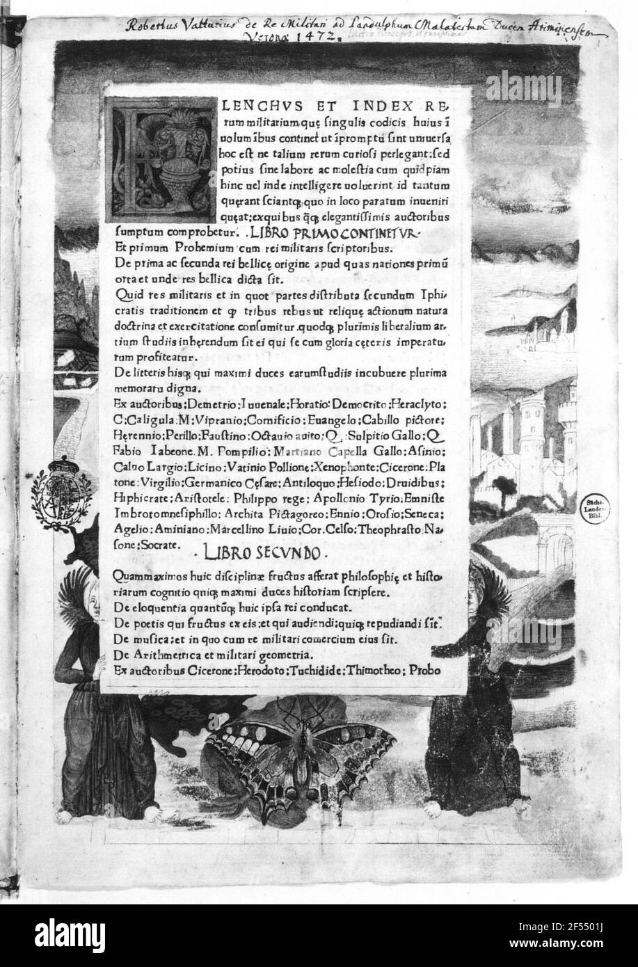 Valturio, Roberto. Lato di ingresso per il trattore, foglio 1a. Pressione e illuminazione; 33.7 x 23.5 cm. Italia, 1472. Dresda: Slb 3818 Foto Stock