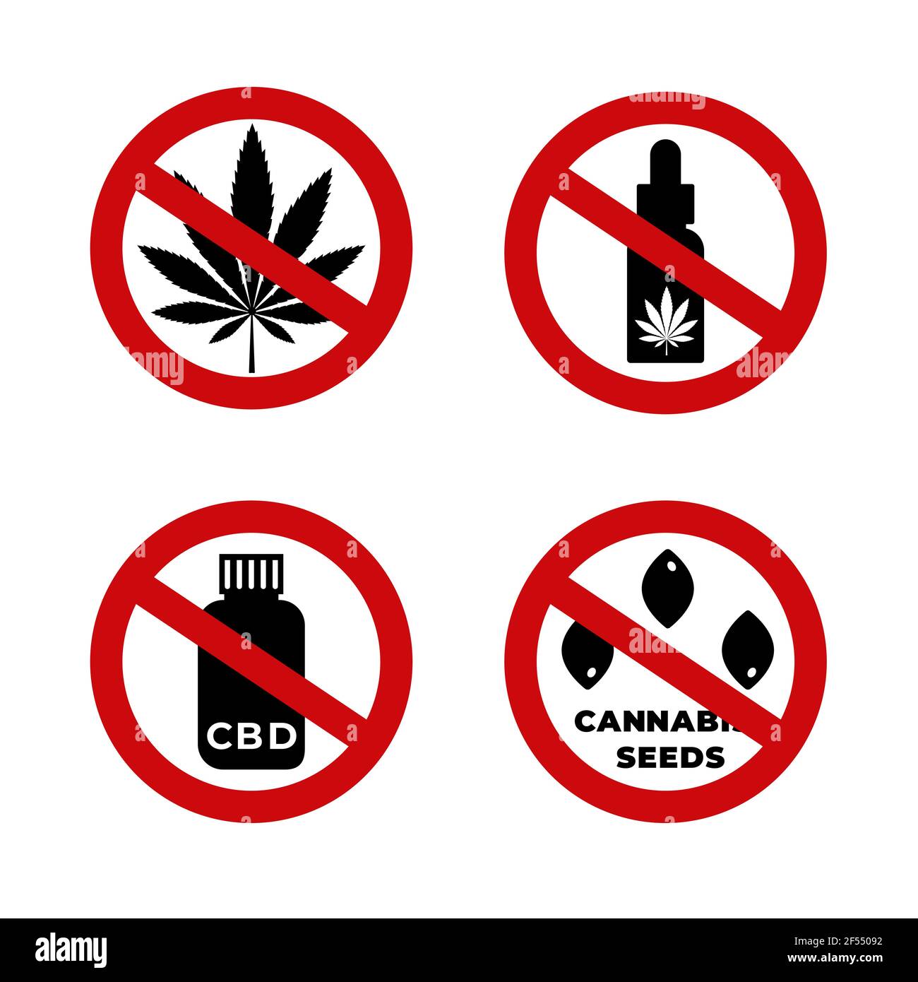 Set di segni proibiti con Cannabis, foglia di marijuana, CBD, semi e icona olio, nessun segno di droga. Illustrazione vettoriale piatta. Illustrazione Vettoriale