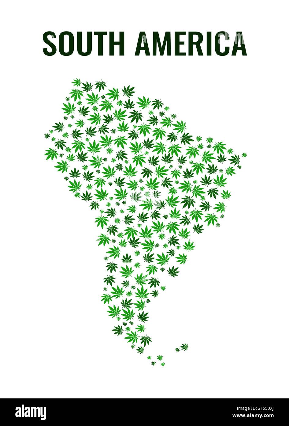 Mappa del Sud America modello di foglie di cannabis . Vettore astratto erbaccia marijuana in verde color.Flat elementi di fogliame. Illustrazione Vettoriale