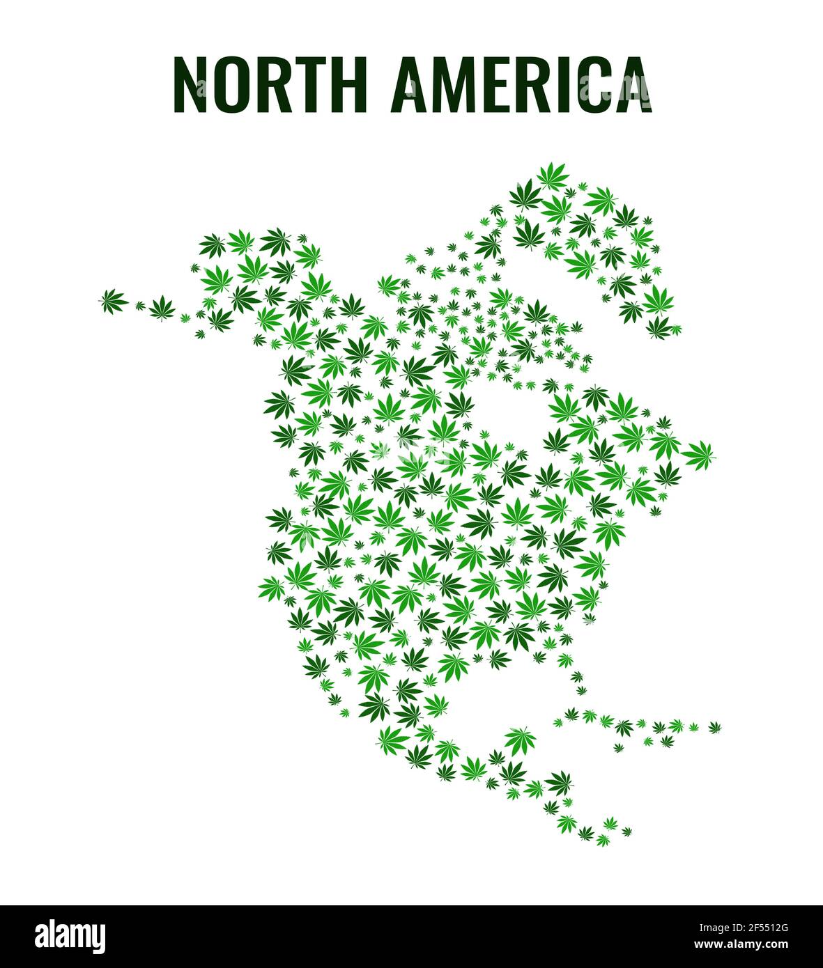 Mappa vettoriale Nord America con mosaico di foglie verdi . Schema geografico gli Stati Uniti consistono di foglie di marijuana in stile piatto. Illustrazione Vettoriale