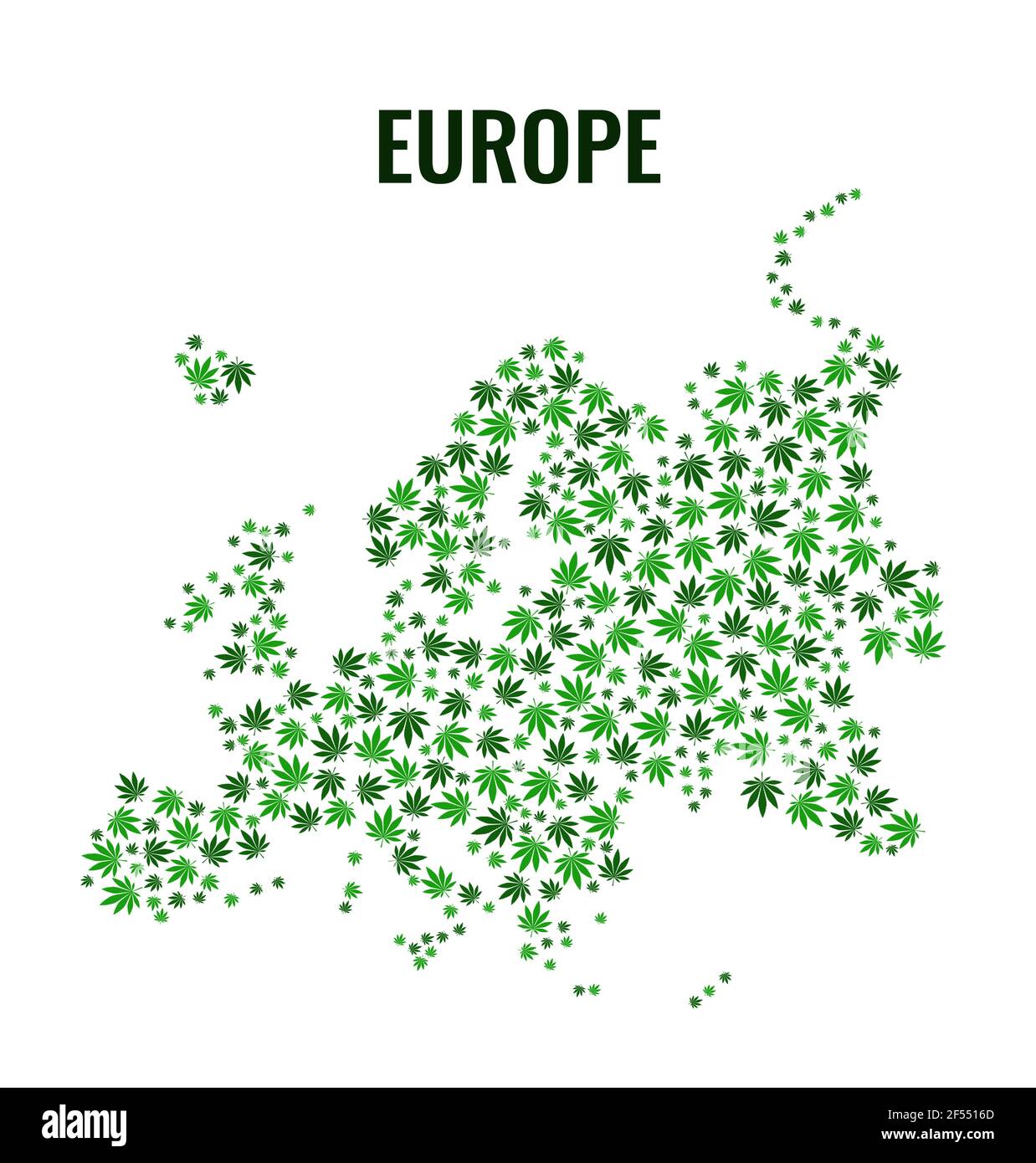 Mappa vettoriale dell'Europa. Raccolta di foglie verdi di cannabis in stile piatto. Illustrazione vettoriale. Illustrazione Vettoriale