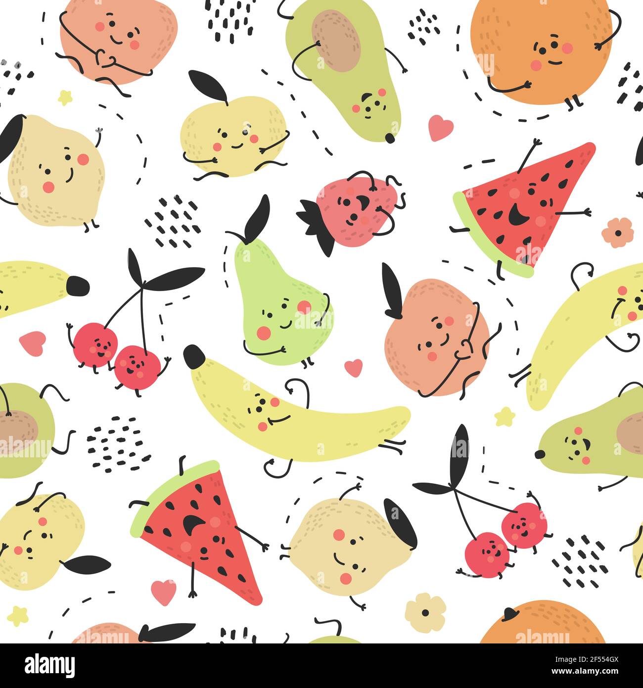 Modello di frutta senza giunture disegnata a mano vettoriale. Colore cute texture estate divertente su sfondo bianco. Cibo sano, stampa moderna alla moda. Illustrazione Vettoriale