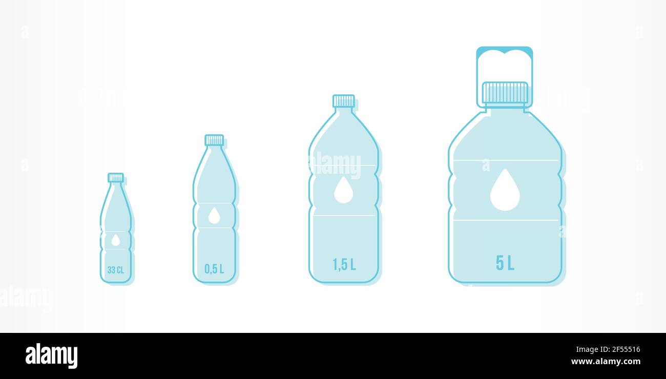 Bottiglie in plastica con set di icone dell'acqua. Misure diverse: 33 cl,  0,5L, 1,5L, 5L. Illustrazione vettoriale, design piatto Immagine e  Vettoriale - Alamy