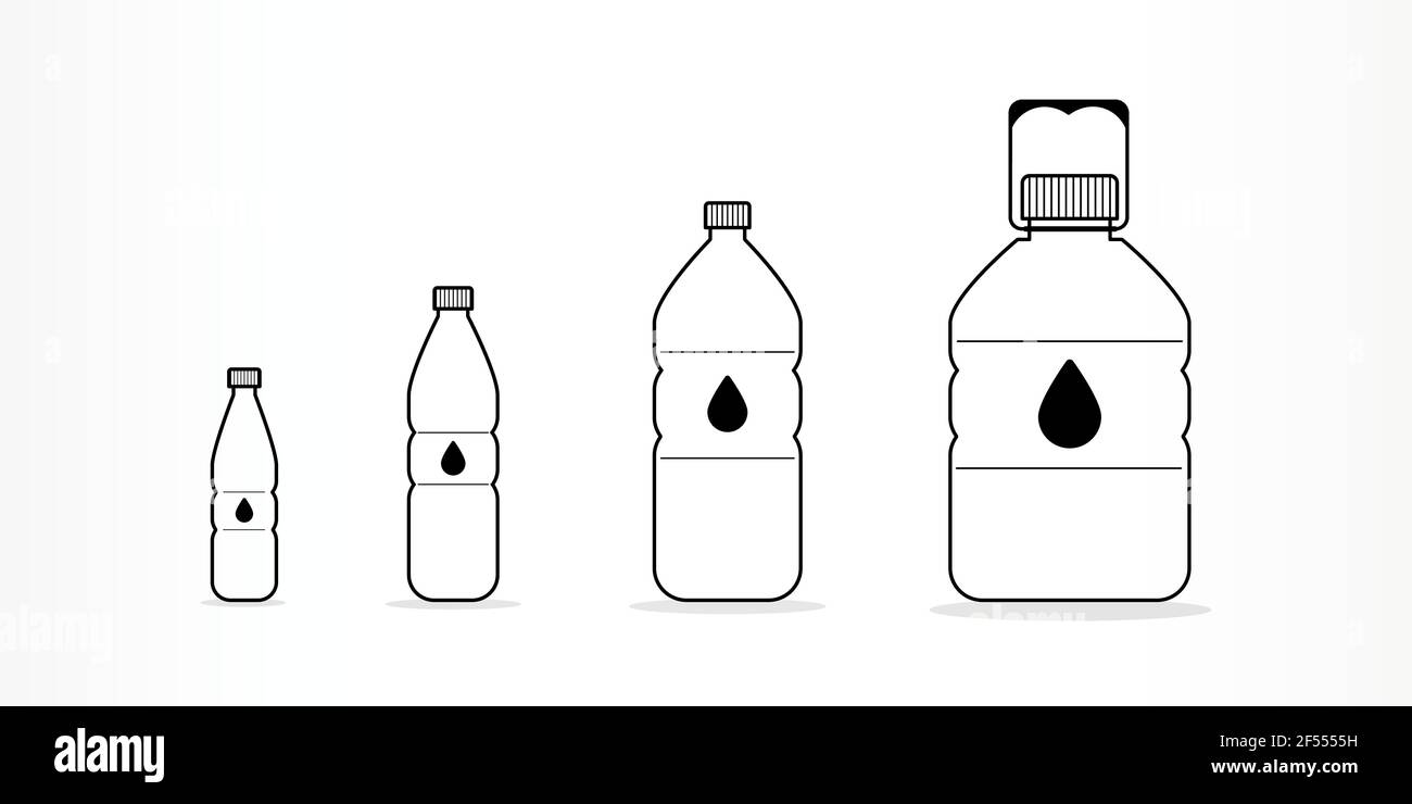 Bottiglie in plastica con set di icone dell'acqua. Dimensioni diverse. Contorno nero. Illustrazione vettoriale, design piatto Illustrazione Vettoriale