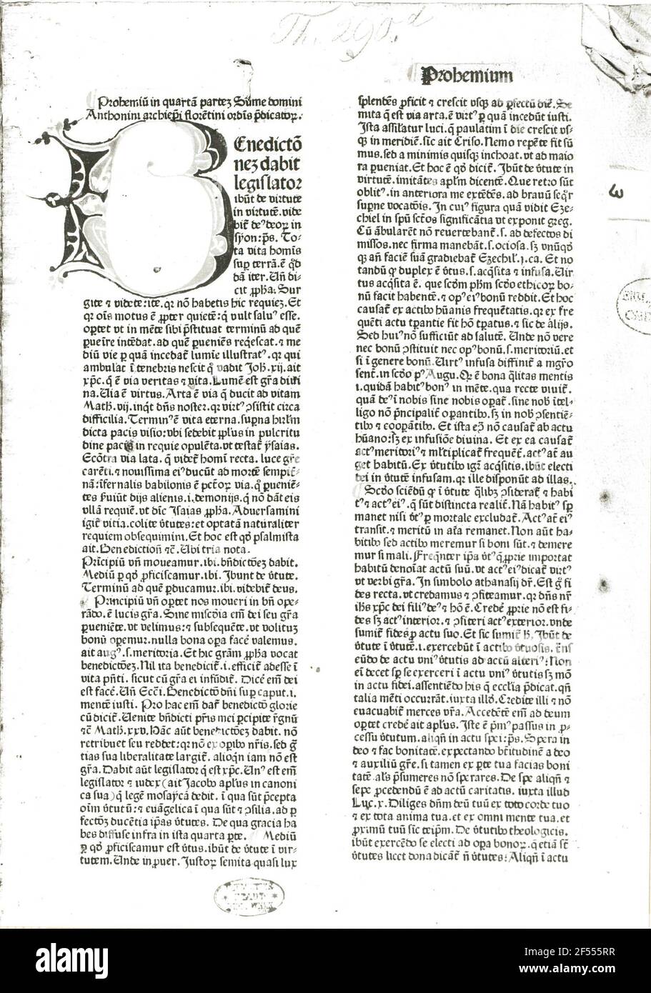 Antonius Florentinus: Summa Teologica. PAG. 4. Norimberga, 1479. Stampa di libri e pittura di libri. Pagina del titolo con "B" iniziale. Dresda: Slub R 290 J Foto Stock