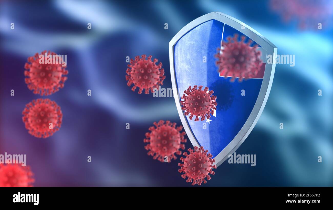 Barriera di sicurezza Coronavirus Sars-Cov-2. Scudo in acciaio dipinto come francese Sud e Antartico terre bandiera nazionale difendere contro le cellule, fonte di covide Foto Stock