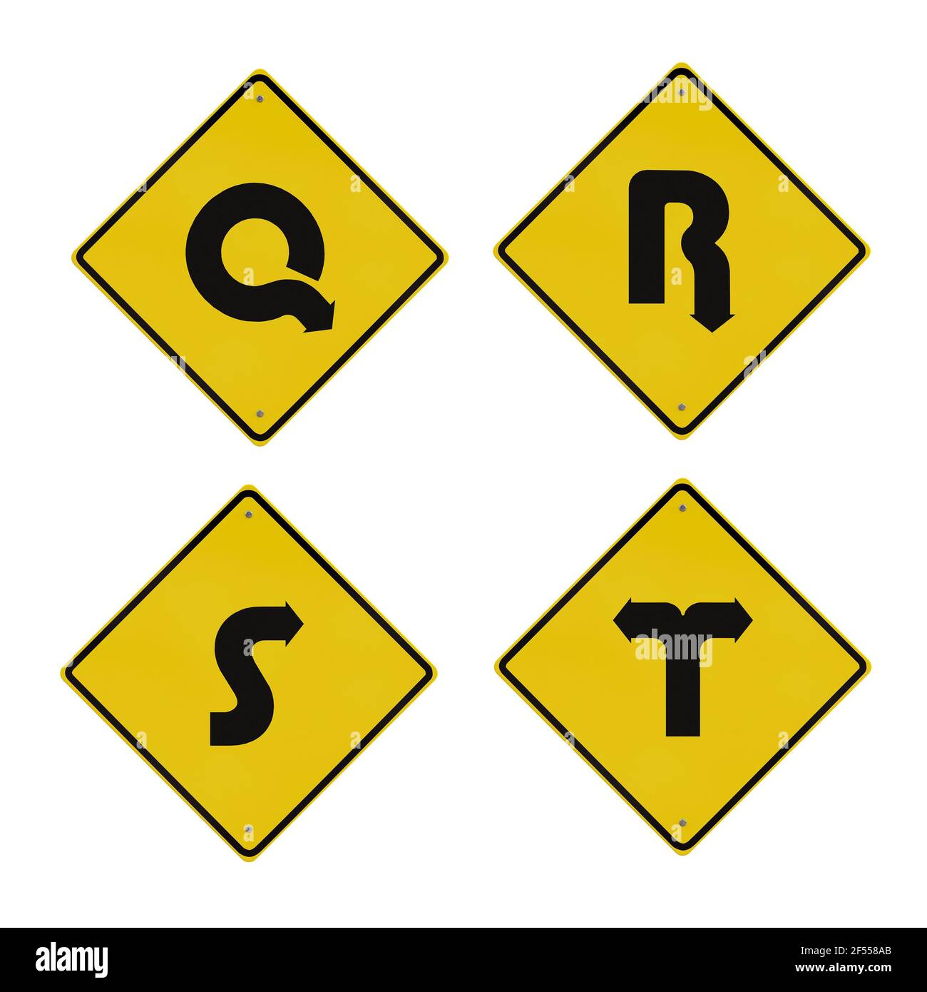 Rendering 3D dell'alfabeto dei segnali stradali di avvertimento - lettere Q-T. Foto Stock