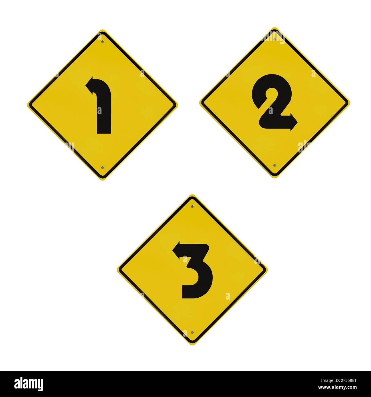 Rappresentazione 3D dell'alfabeto dei segnali stradali di avvertimento - cifre 1-3 Foto Stock