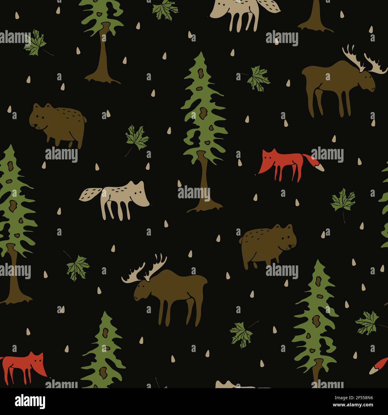 Modello vettoriale senza giunture con animali della foresta su sfondo nero. Carta da parati disegnata a mano con volpe, lupo e drear. Illustrazione Vettoriale
