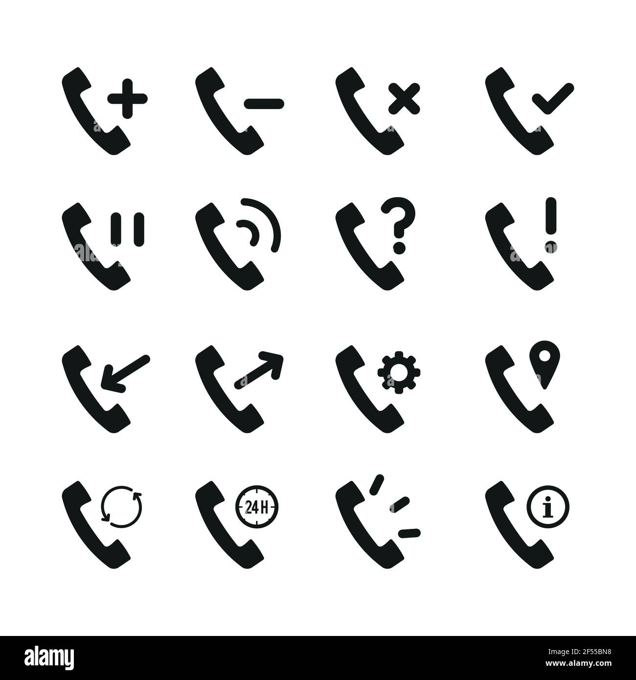 Set di icone del ricevitore del telefono retro nero. Più, meno, croce, ok, pausa, squillo, query, esclamativo, in entrata, in uscita, impostazioni, gps, backup, 24 ore Illustrazione Vettoriale