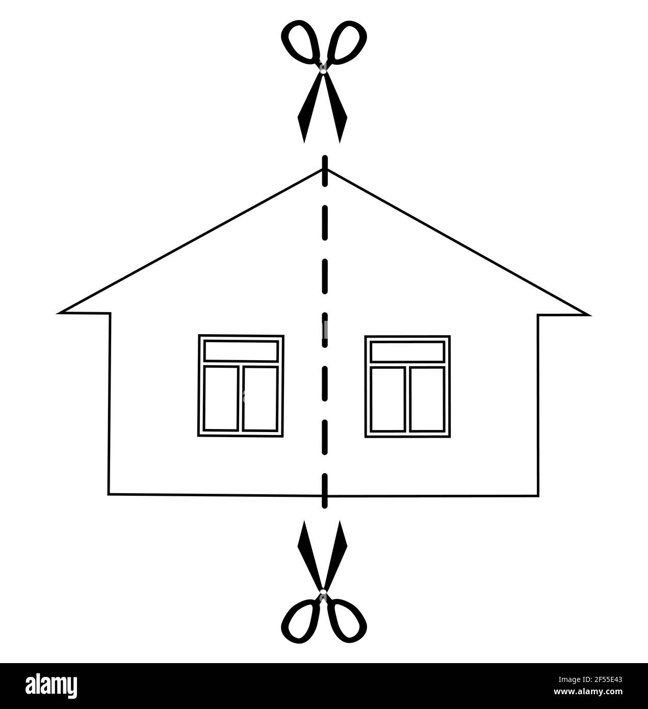 Concetto di divorzio e divisione di proprietà. Immagine vettoriale monocromatica nera tagliata a metà. Illustrazione Vettoriale