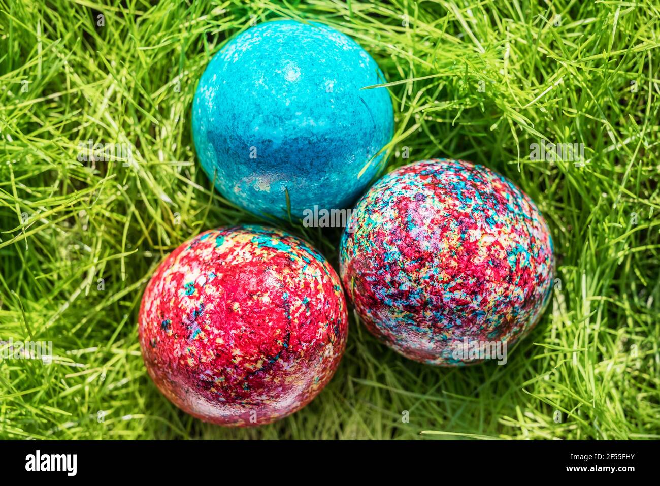 Sfondo pasquale con uova di Pasqua su erba pasquale fresca Foto Stock