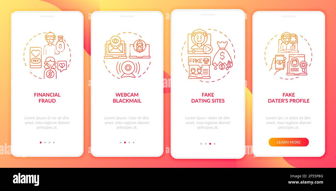 Online dating rischi sito web onboarding pagina app mobile schermo con concetti. Illustrazione Vettoriale