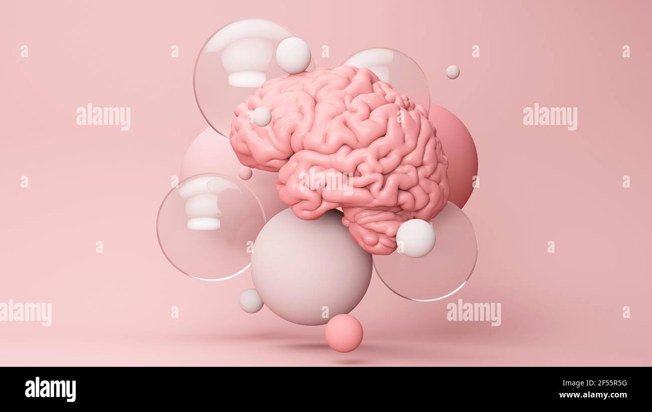 Rappresentazione tridimensionale di bolle color pastello che galleggiano su sfondo rosa Foto Stock