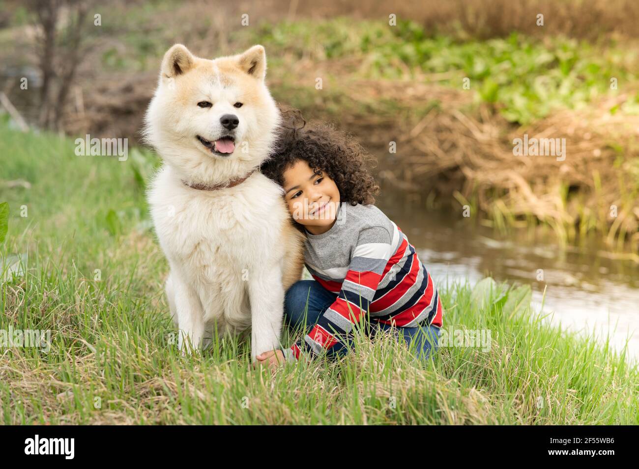 Ragazzo sorridente che guarda via mentre si appoggia sul cane in natura Foto Stock