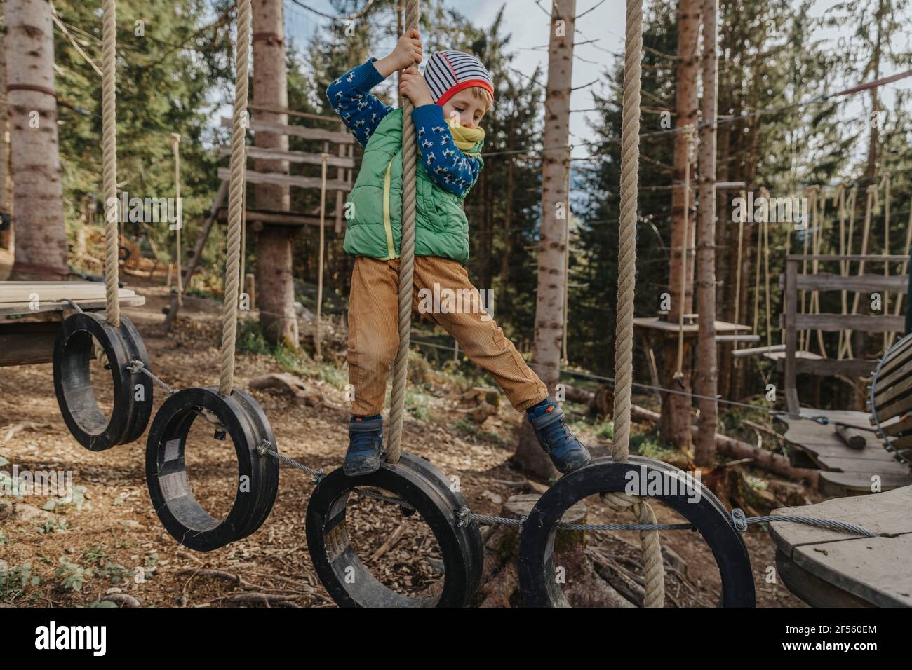 Ragazzo facendo corso di corda in foresta durante le vacanze a Salzburger Land, Austria Foto Stock