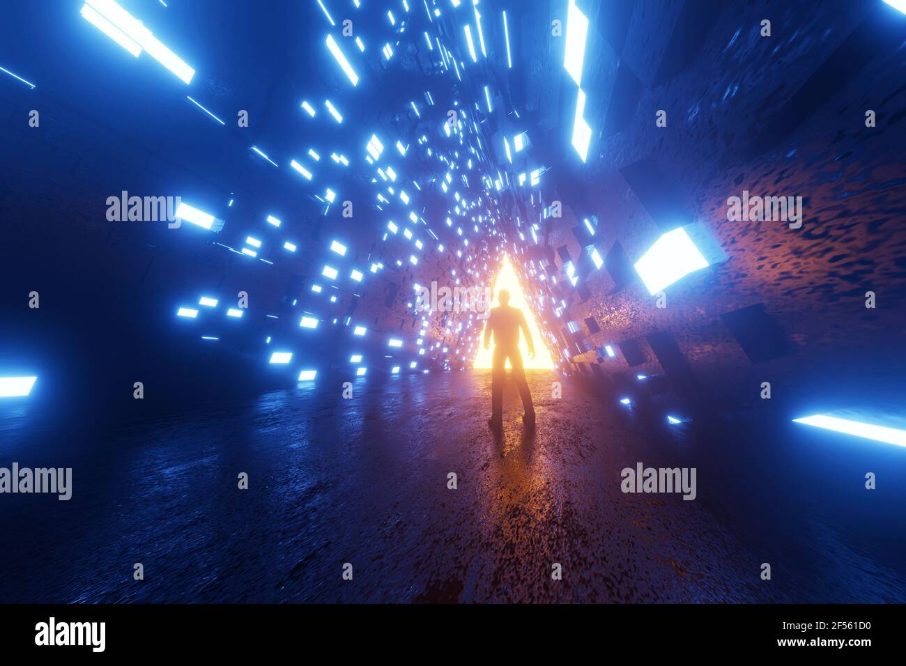 Rappresentazione tridimensionale della silhouette dell'uomo in piedi davanti di portale a forma di triangolo che si illumina alla fine del corridoio futuristico Foto Stock