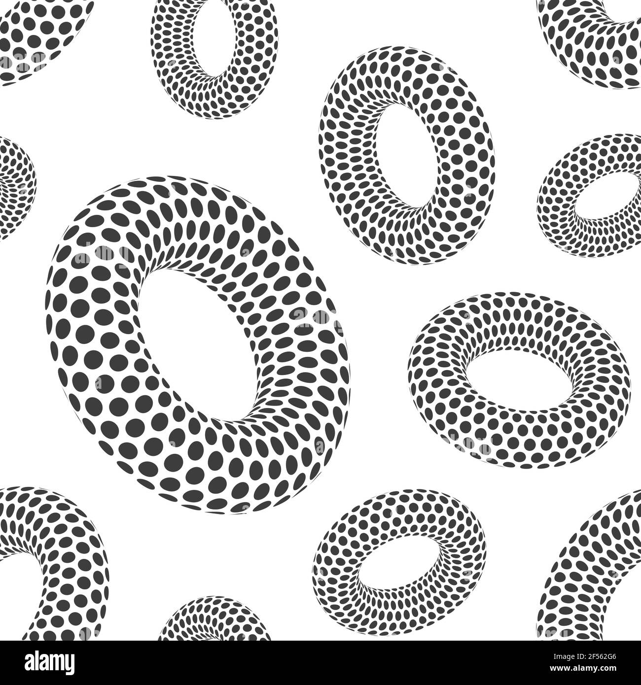 Motivo senza giunture di forme geometriche 3D arrotondate punteggiate. Ciambelle. Colori bianco e nero. Effetto ottico psichedelico. Design grafico minimalista ed elegante Illustrazione Vettoriale