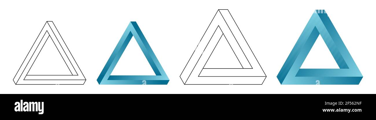 Insieme di quattro triangoli impossibili. Figure eterne. Illusione ottica Penrose. Oggetti geometrici astratti a colori infiniti. Isolato su sfondo bianco. Illustrazione Vettoriale