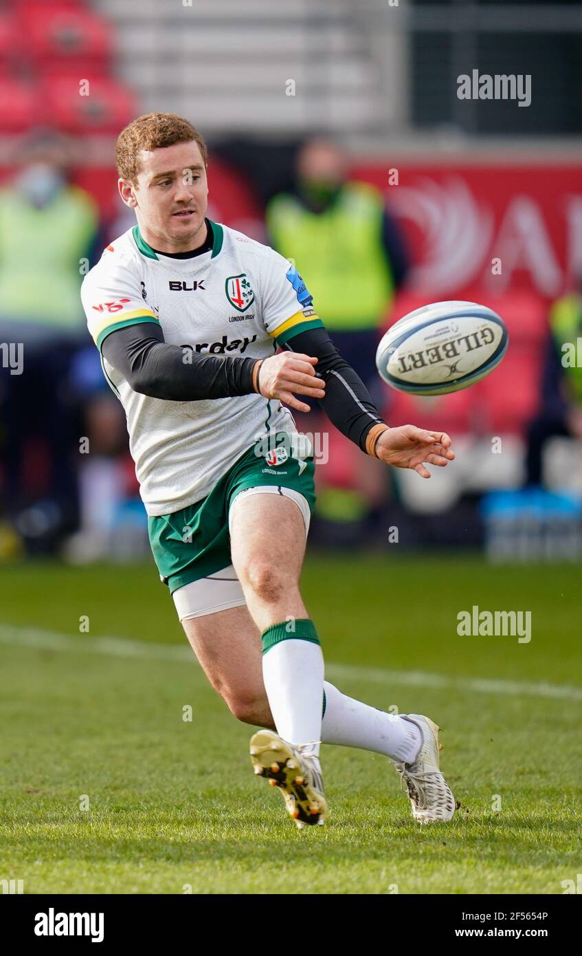 Londra Irish Fly-Half Paddy Jackson durante una partita di rugby Union del Gallagher Premiership Round 14, domenica 21 marzo 2021, a Eccles, Regno Unito. (Steve Foto Stock