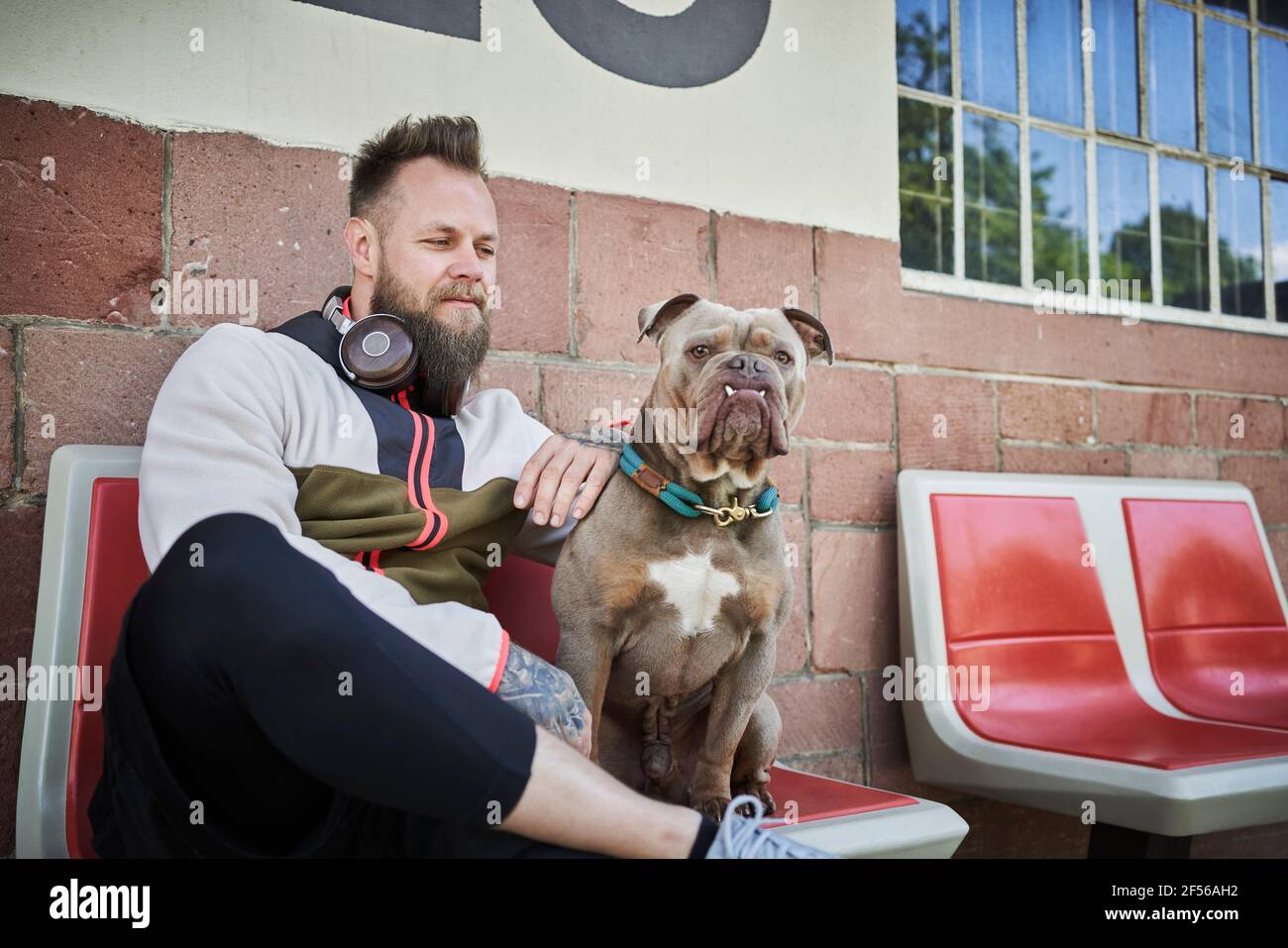 Istruttore di fitness maschile guardando il bulldog mentre si siede fuori palestra Foto Stock