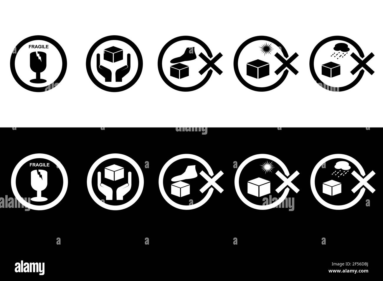 Stile icona bianco e nero, istruzioni, attenzione e vietato Firma su confezione, fragile, maneggiare con cura non salire, sole diretto e pioggia Illustrazione Vettoriale