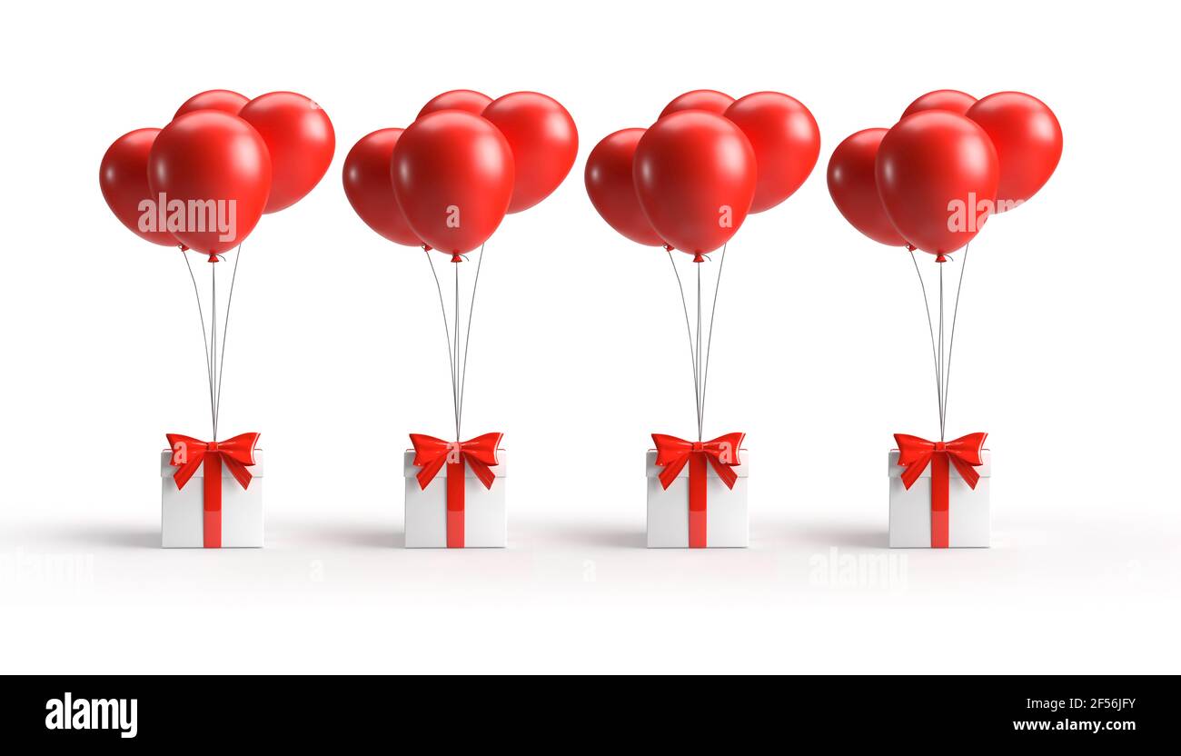 Immagine natalizio del palloncino 3d rosso brillante volante con scatola regalo su sfondo bianco. Foto Stock