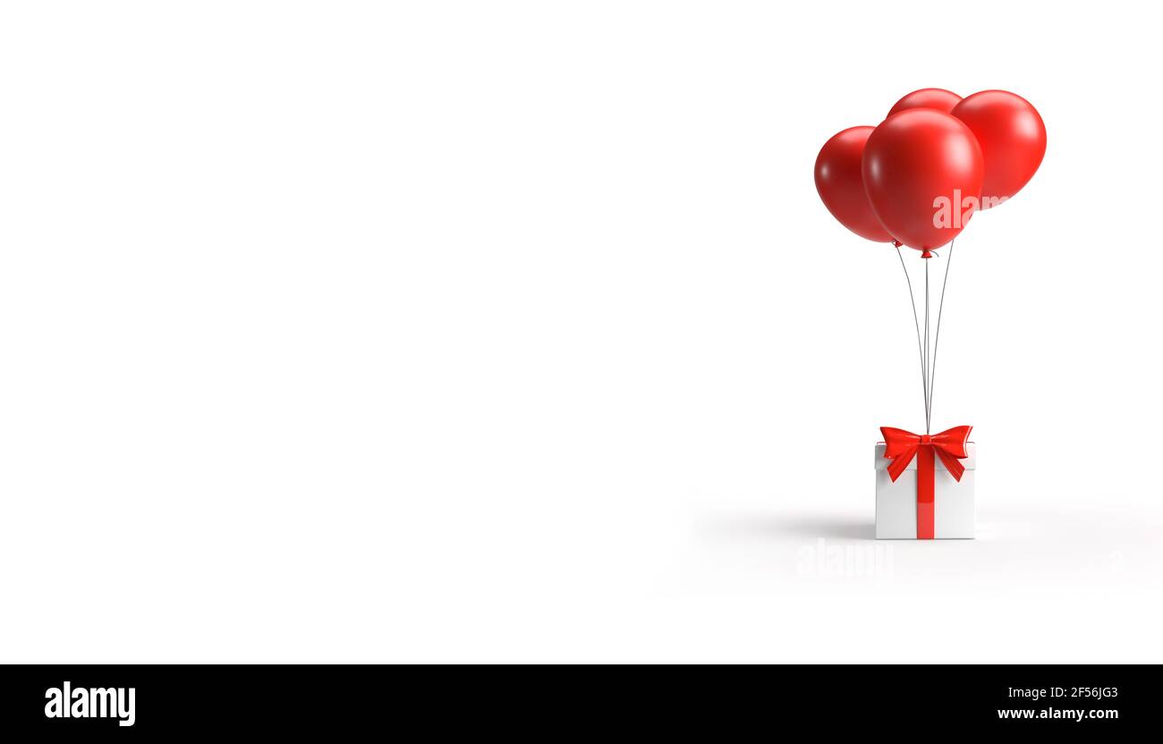 Immagine natalizio del palloncino 3d rosso brillante volante con scatola regalo su sfondo bianco. Foto Stock