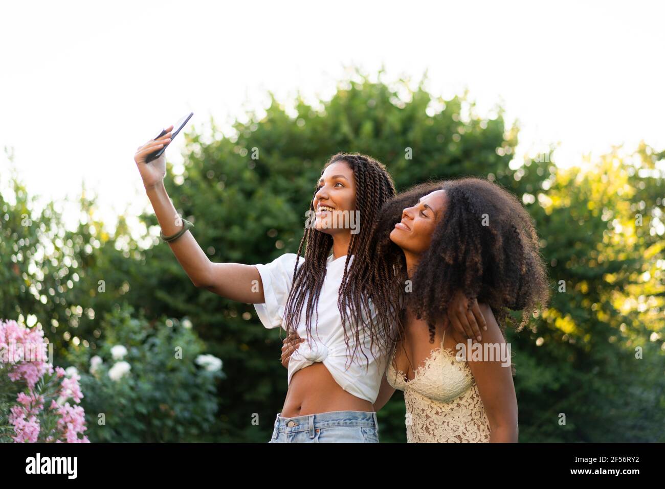 Amici femminili alla moda che prendono selfie da albero durante l'estate Foto Stock