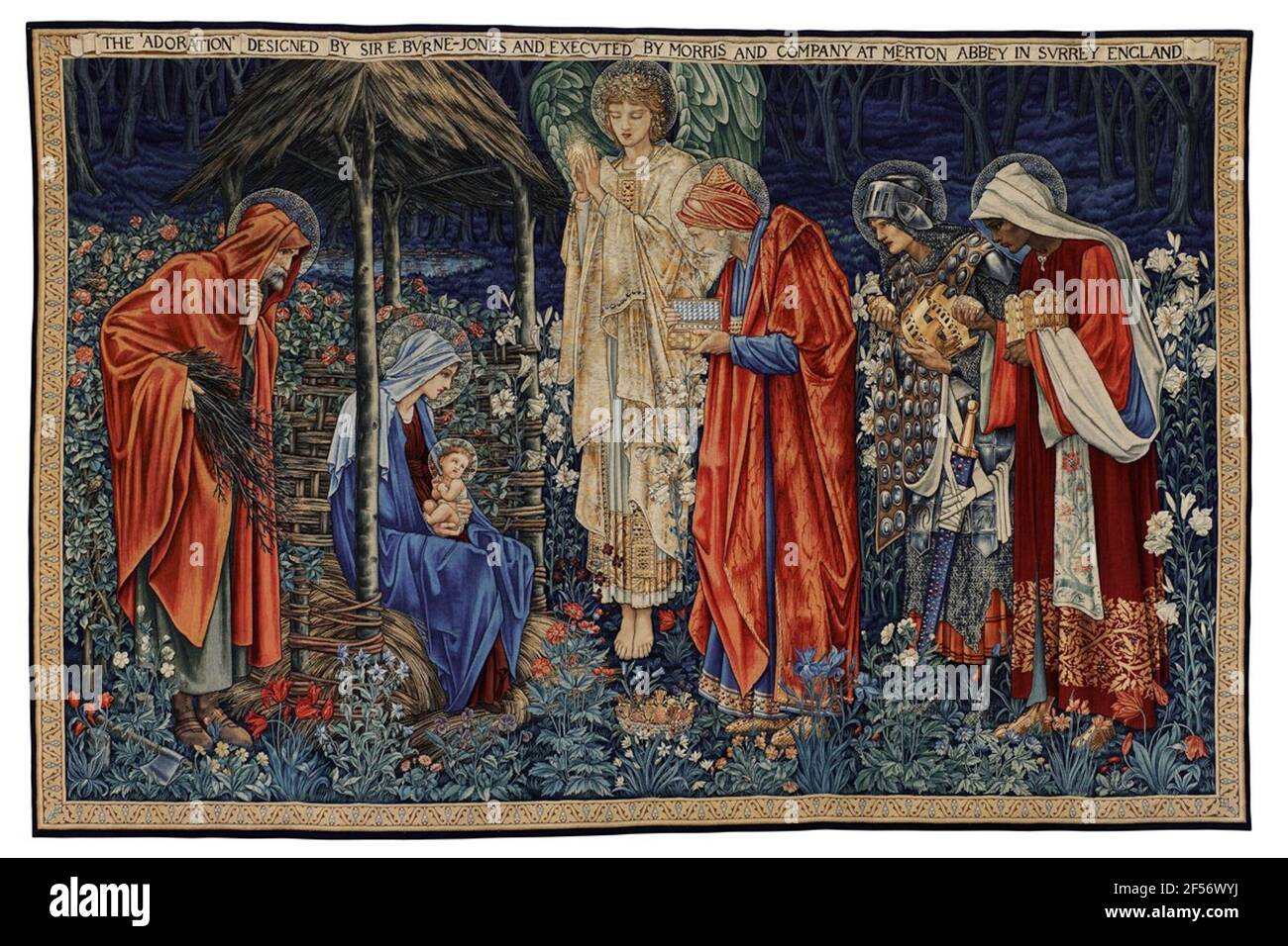 Arazzo 'Adorazione dei Re'. Il modello dell'immagine proviene dal prairaphelite Edward Burne-Jones, prato dei fiori, sfondo e bordo di John Henry Dearle sono stati integrati a Morris & Co.. Soprattutto la preparazione degli abiti con tessuti penetrati in oro e previsioni scintillanti testimoniano al campionato del più effetto. Il tappeto immagine è stato progettato per la cappella di Exeter College a Oxford. Acquisita alla Fiera Mondiale di Parigi 1900 Foto Stock