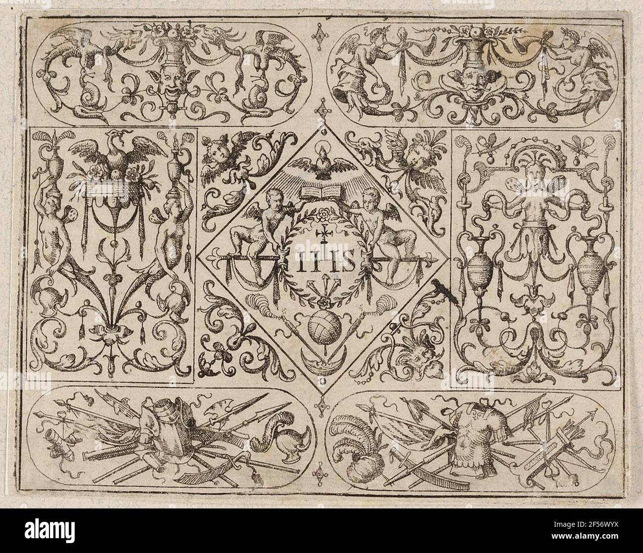 Sito una foglia dell'episodio 'Crossfillungs con Grottesken, strettamente spinto'. Foglia da una sequenza di riempimenti ornamentali di Matteo Merian, 1a edizione, posata da M. Midnight, senza numero. Regalo di Justus Brinckmann Foto Stock