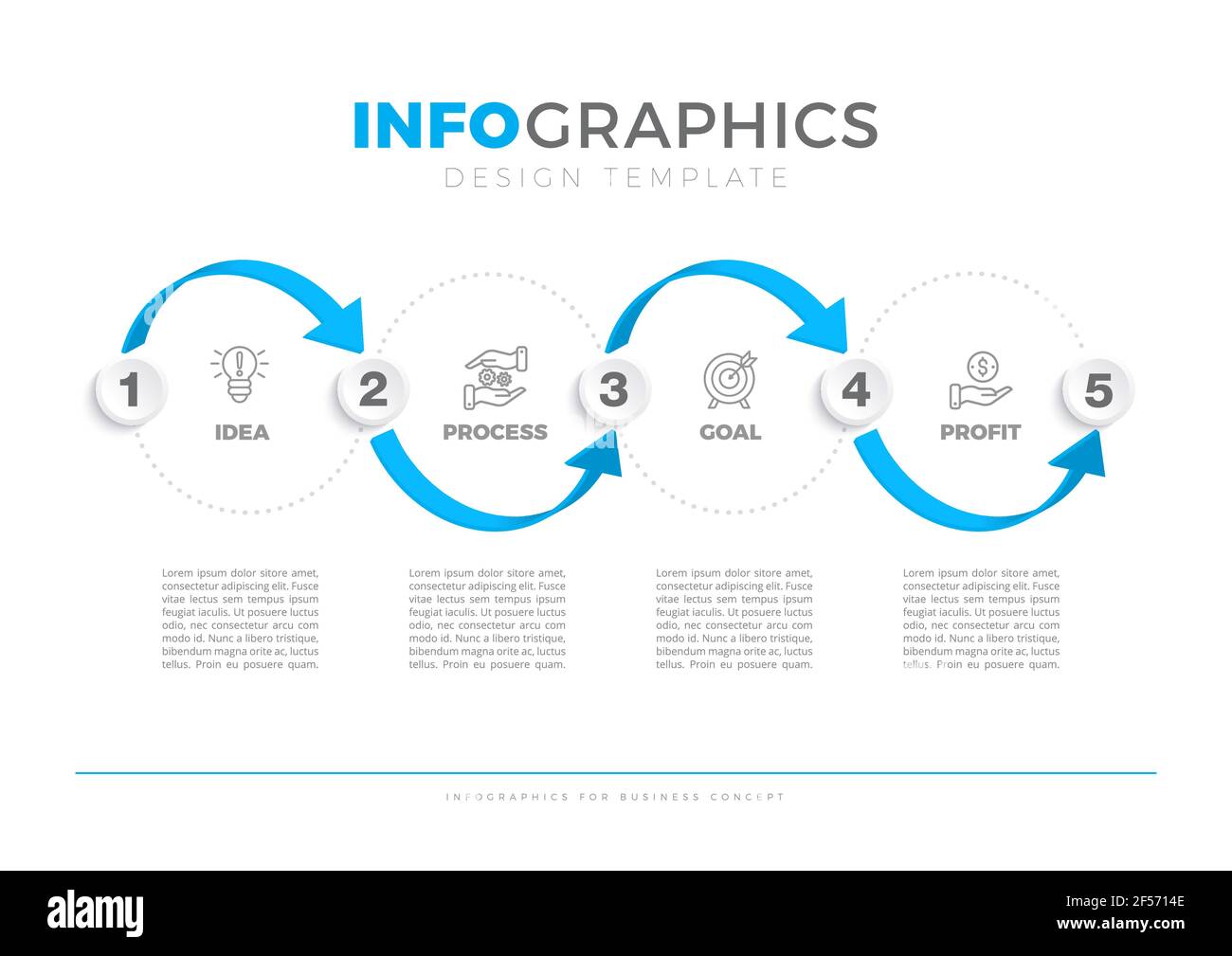 Progettazione infografica con 5 opzioni o passaggi. Infografiche per il concetto aziendale. Illustrazione Vettoriale