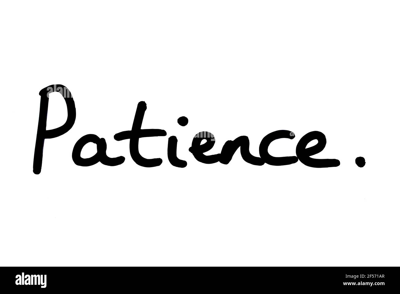 Pazienza, scritta a mano su sfondo bianco. Foto Stock
