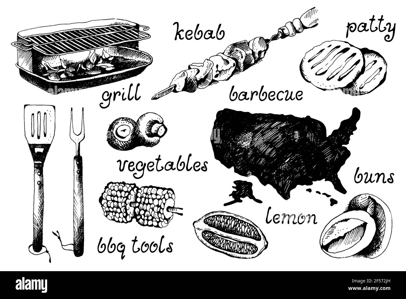 Set di oggetti bbq, disegni incisi, illustrazioni vettoriali Illustrazione Vettoriale