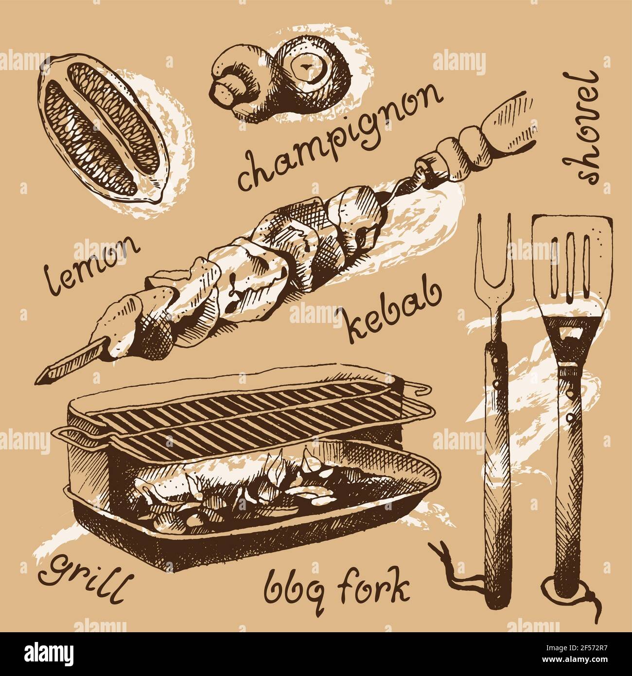 Set di oggetti bbq, disegni incisi, illustrazioni vettoriali Illustrazione Vettoriale