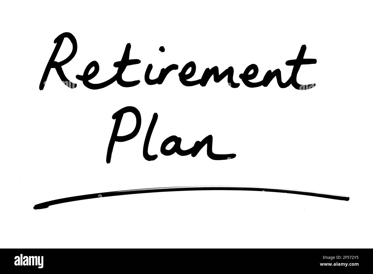 Piano di pensionamento, scritto a mano su sfondo bianco. Foto Stock