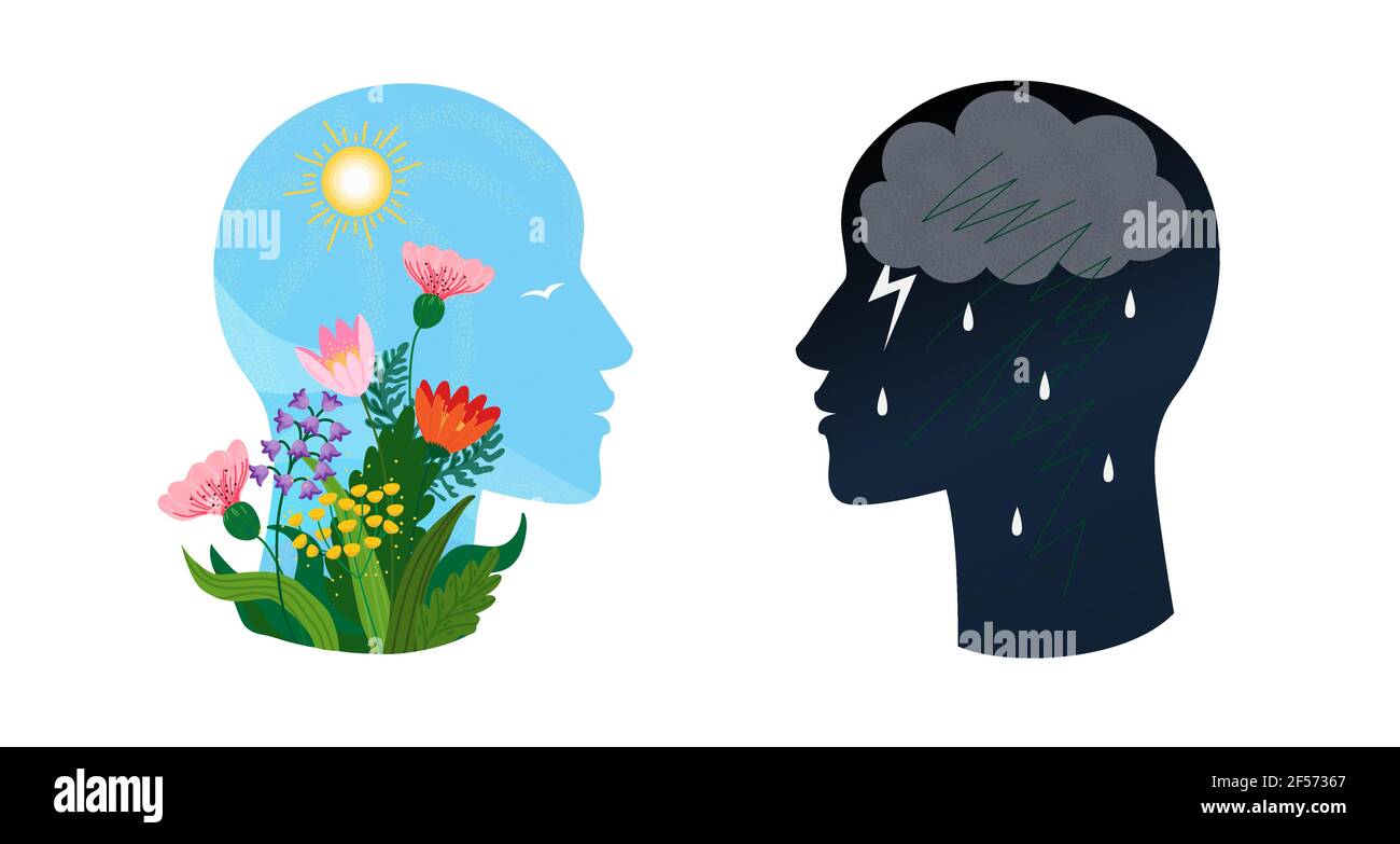 Concetto di supporto psicoterapeutico o psicologico. Due teste con diversi stati di coscienza mente - depressione con tuono e pioggia e positiv Illustrazione Vettoriale