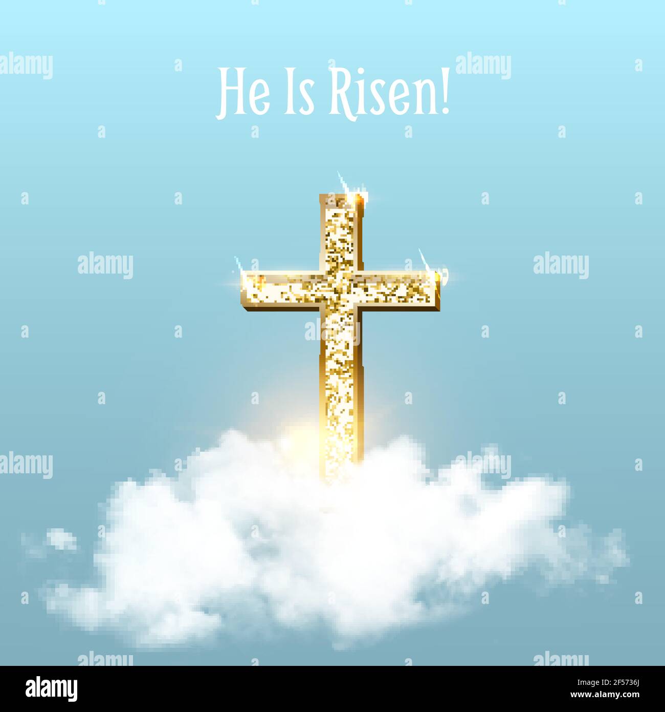Chiesa croce nel cielo cielo sullo sfondo di Pasqua. Simbolo del crocifisso dorato cristiano con nubi e raggi solari illustrazione vettoriale. Sole splendente, religioso Illustrazione Vettoriale